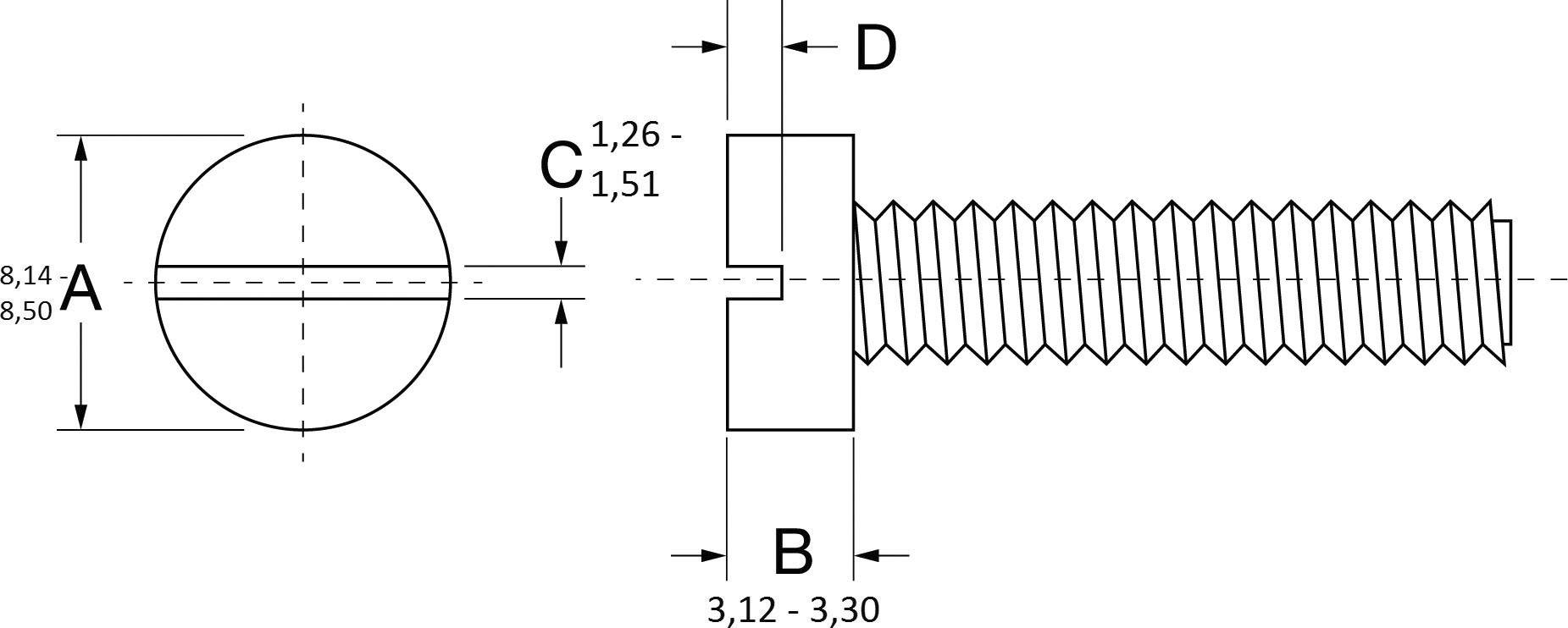 Technical drawing of a screw: Head at the top, thread on the right. Dimensions: Head diameter 'A' 8.50 mm, thread length 'B' 3.12-3.30 mm.