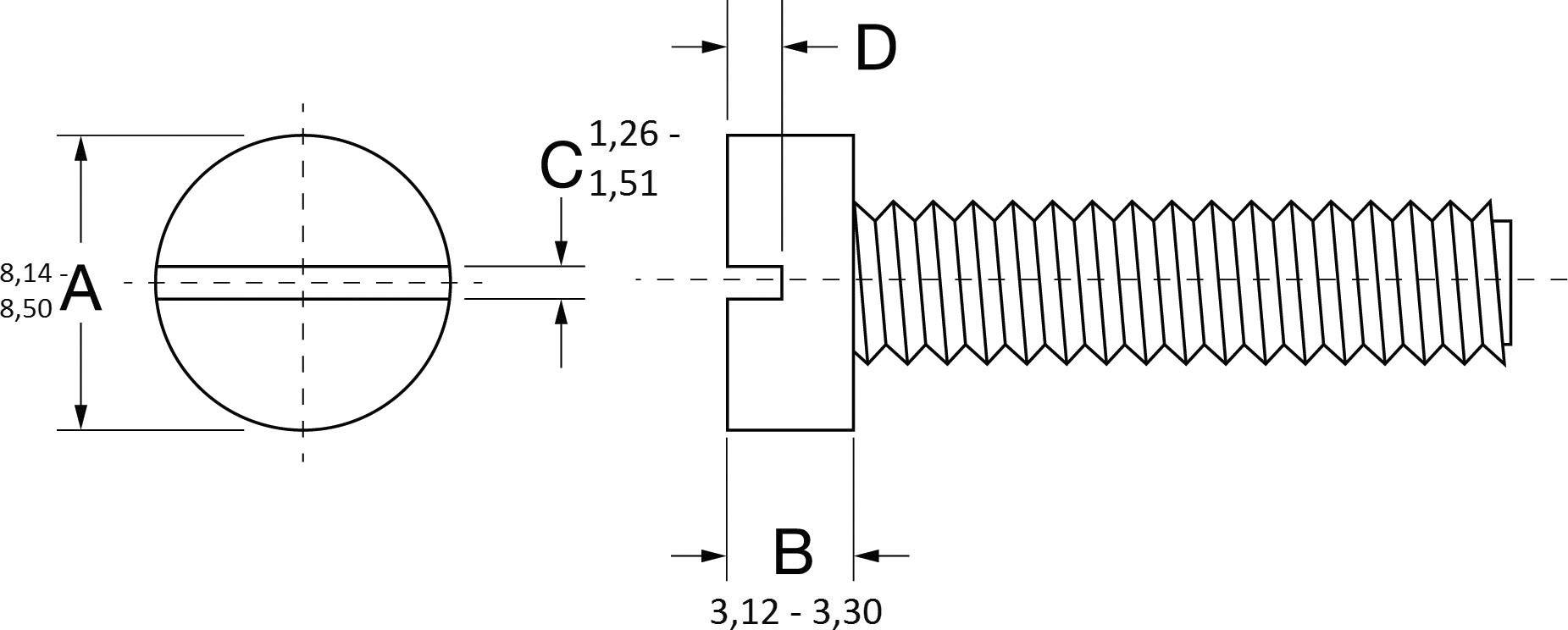 Diagram of a screw with thread profile, head and shaft dimensions. Labels: A (3.50-3.14 mm), B (3.12-3.30 mm), C (1.26-1.51 mm), D.