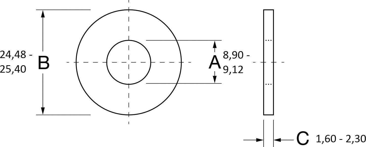 'Technical drawing of a disc with three dimensions: A = 8.90-9.12 mm, B = 24.48-25.40 mm, C = 1.60-2.30 mm. Top and side view.'