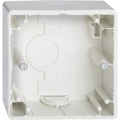 Empty white plastic flush-mounting back box with fixing screws, suitable for installing electrical components on walls.