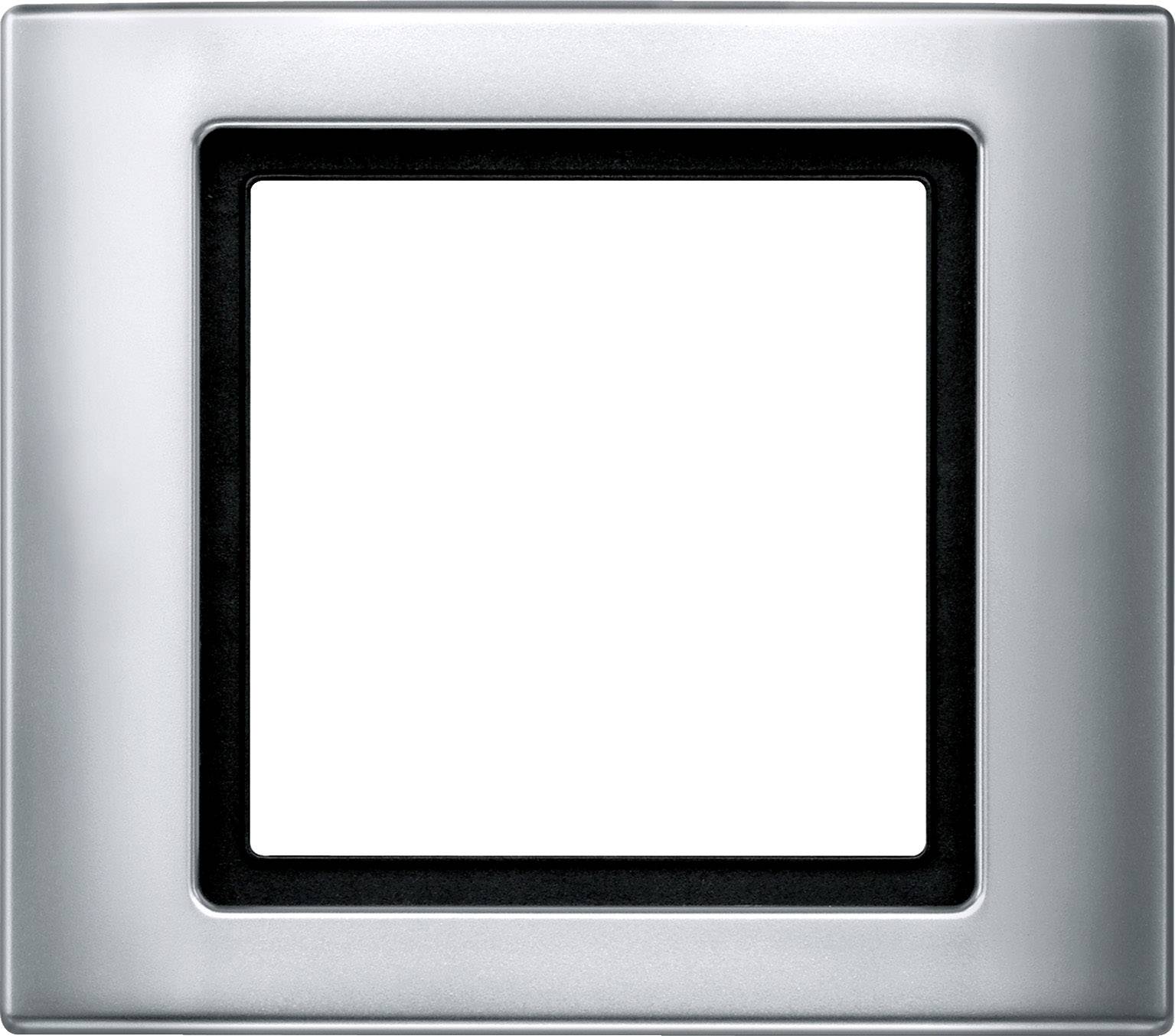 Square, silver-coloured electrical switch plate with an empty interior for installing switches or sockets.