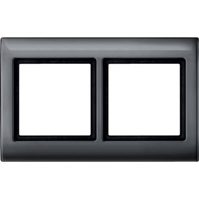 Dark metal double frame for light switches or sockets, with two empty cutouts for inserts, on a white background.
