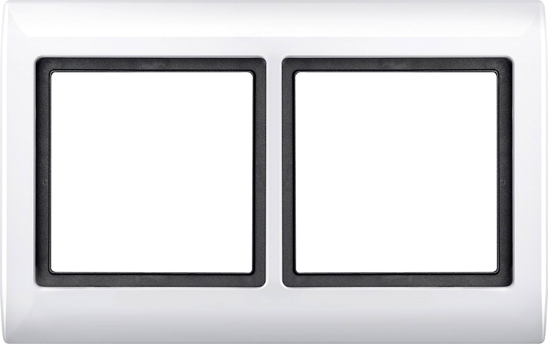 Double light switch frame in white plastic with two openings for switches or sockets.