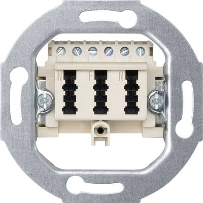 Flush-mounted frame with plug connections for electrical wiring, suitable for wall mounting. Screw fixings and clear markings provided.