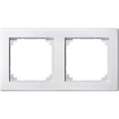 Double frame made of white plastic, suitable for two sockets or switches. Minimalist design without decorative elements.