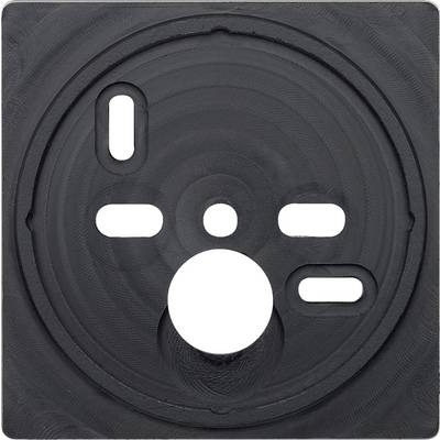 A black, square plastic component with round and oval cutouts in the centre, potentially a mounting or fixing element.