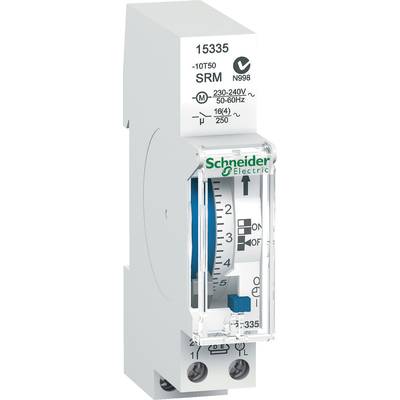 A white Schneider Electric time switch timer for DIN rail mounting, 230-240V, shows time control settings.