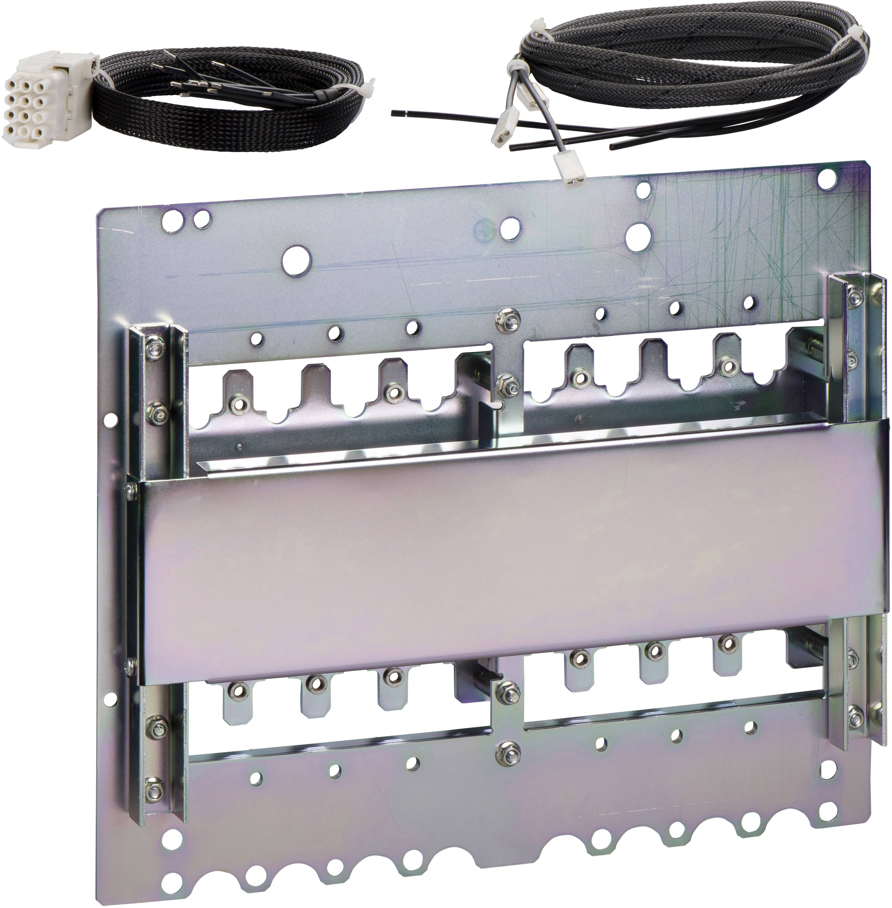 Metal plate with mounting rails and cables, presumably part of a mechanical or electrical device or system.