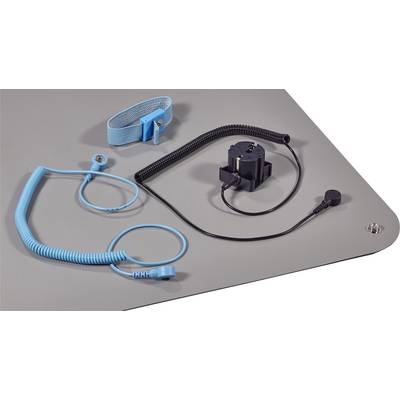 Various electrodes and cables on a grey surface, including blue wristbands and black cables used for medical devices.