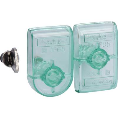 Two green IP65 covers from Schneider Electric for electrical components, alongside a black round screw.
