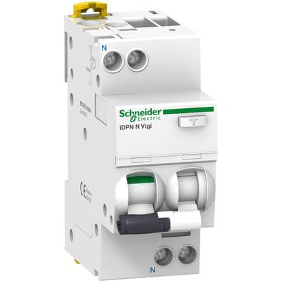 Electrical protective switch with inscription 'Schneider Electric iDPN N Vigi'. White unit with green and grey labelling.