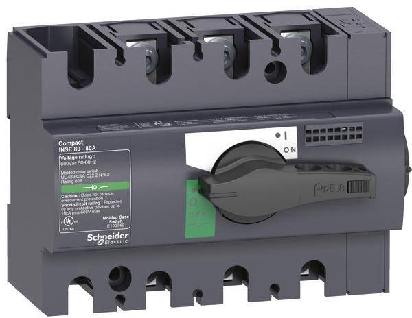 A compact circuit breaker by Schneider Electric, suitable for voltages up to 690V and currents up to 80A, in black.