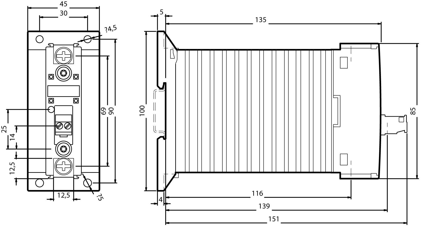 Technical drawing of an electronic component with dimensions: 151 mm length, 100 mm height, 85 mm width, various connection details.
