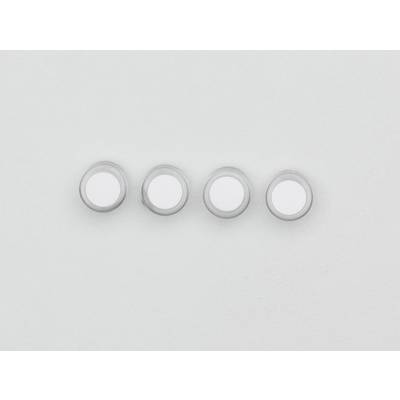 Four identical, white, round buttons arranged in a row on a light grey background.