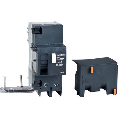 A circuit breaker with a detached module displaying the rated values: 63A, 0.03A. Main device on the left, module on the right against a white background.