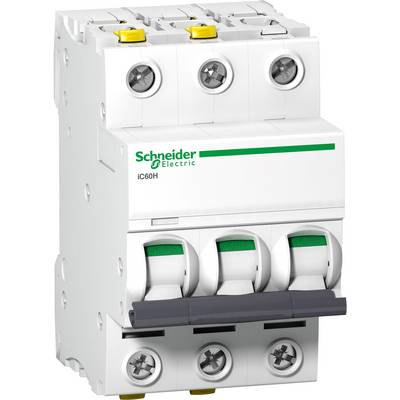 A three-pole, white residual current circuit breaker by Schneider Electric, model iC60H, with green and yellow operating elements.
