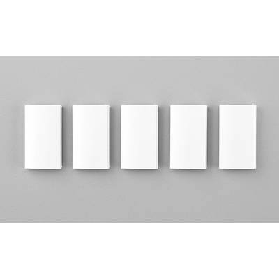 Five rectangular white objects arranged side by side on a grey background, evenly positioned.