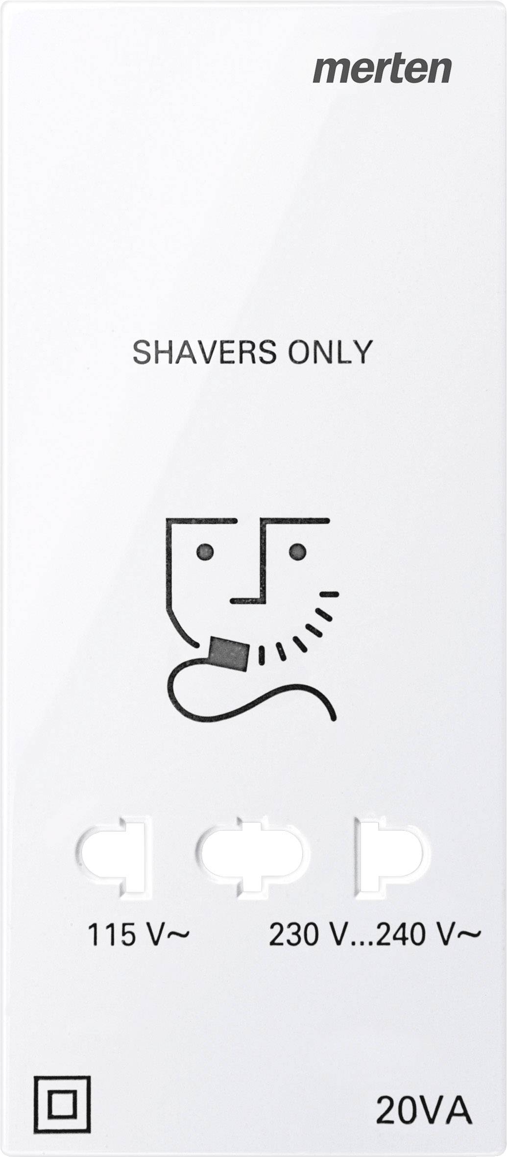 Shaver socket by Merten with two voltage settings: 115 V and 230 V. Suitable for electric shavers only.