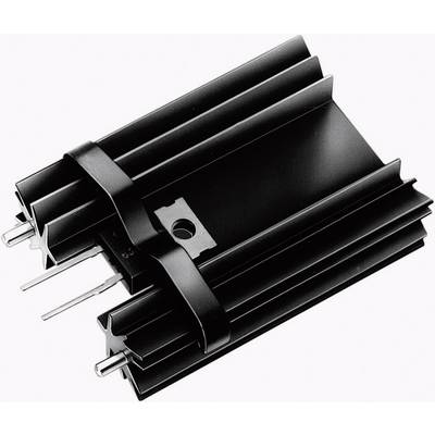 A black metal heatsink with multiple parallel fins and metal pins, designed to dissipate heat from electronic components.