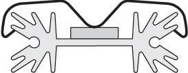 A schematic drawing of a mechanical device with two hand-like elements, centrally connected by a rectangular base.
