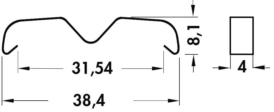 Technical drawing of a profile with a wavy top surface. Dimensions: Width 38.4 mm, Notch width 31.54 mm, Height 18 mm, Thickness 4 mm.