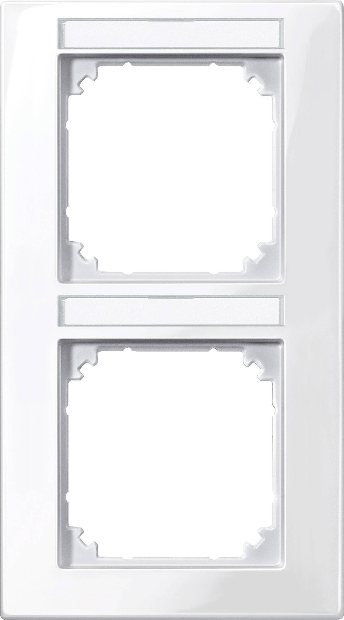 Two square white plastic socket frames, arranged vertically, for electrical installations.