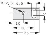 Technical Drawing of a Rectangular Component with Dimensions: Width 25, Height 20, Thickness 4.5. Hole Positions and Screw Holes Marked.