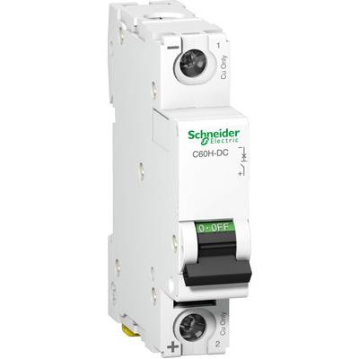 A white Schneider Electric circuit breaker, model C60H-DC, with an on/off switch and positive/negative terminals.