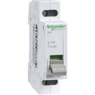 A white circuit breaker from Schneider Electric with a green logo. The switch is in the 'OFF' position and has a capacity of 20A, 250V.