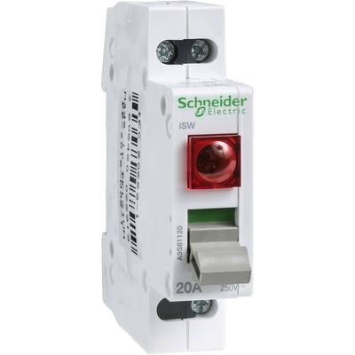 'Schneider Electric' Circuit Breaker with Red Switch, Model iSW, 20A, 250V. Used for electrical protection.