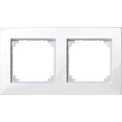 Double white socket cover with space for two switches or sockets, rectangular shape, glossy surface.