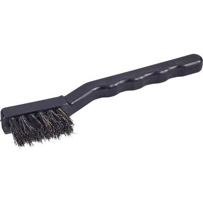 A black wire brush with an ergonomic handle, used for cleaning surfaces.