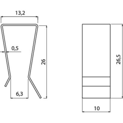 Technical drawing of a U-shaped metal part with dimensions: width 13.2 cm, height 26 cm, base width 6.3 cm, wall thickness 0.5 cm. Side view shows height 26.5 cm, width 10 cm.