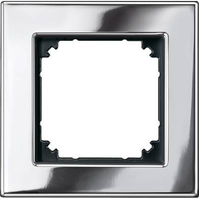 Metallic square frame for electrical installations, empty, bright silver-coloured, with rounded edges and interior cutout.