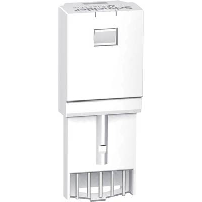 A white adapter with a rectangular casing, a button on top and ventilation slots at the bottom. Surface smooth with a Schalt-Plus logo.