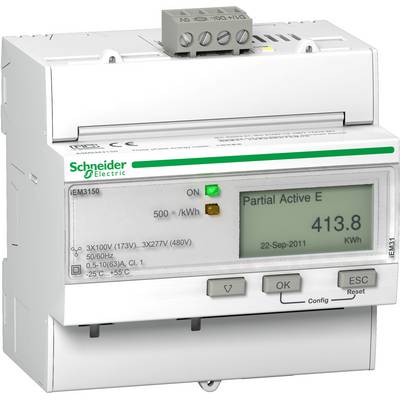 A Schneider Electric electric energy meter displays the current kWh consumption of 413.8 on a digital display.