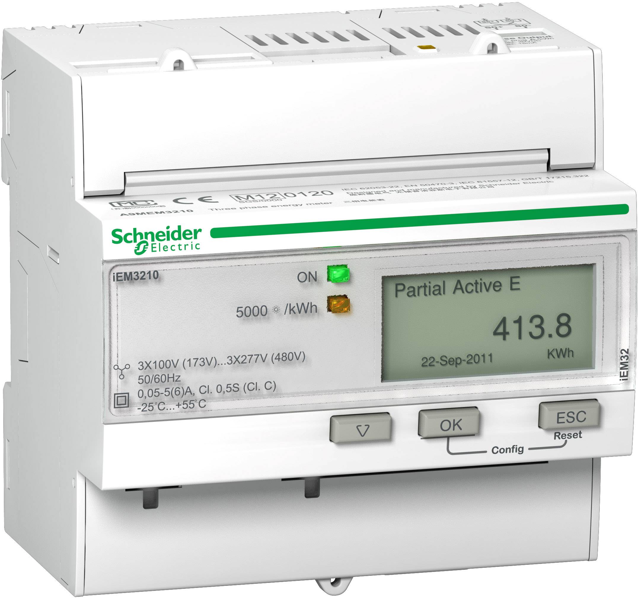 An electrical energy meter by Schneider Electric with a digital display shows an energy consumption reading of 413.8 kWh.