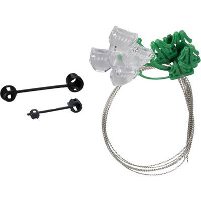 Several green sealing seals with transparent, numbered housings and metal cables; on the left, two black plastic components.