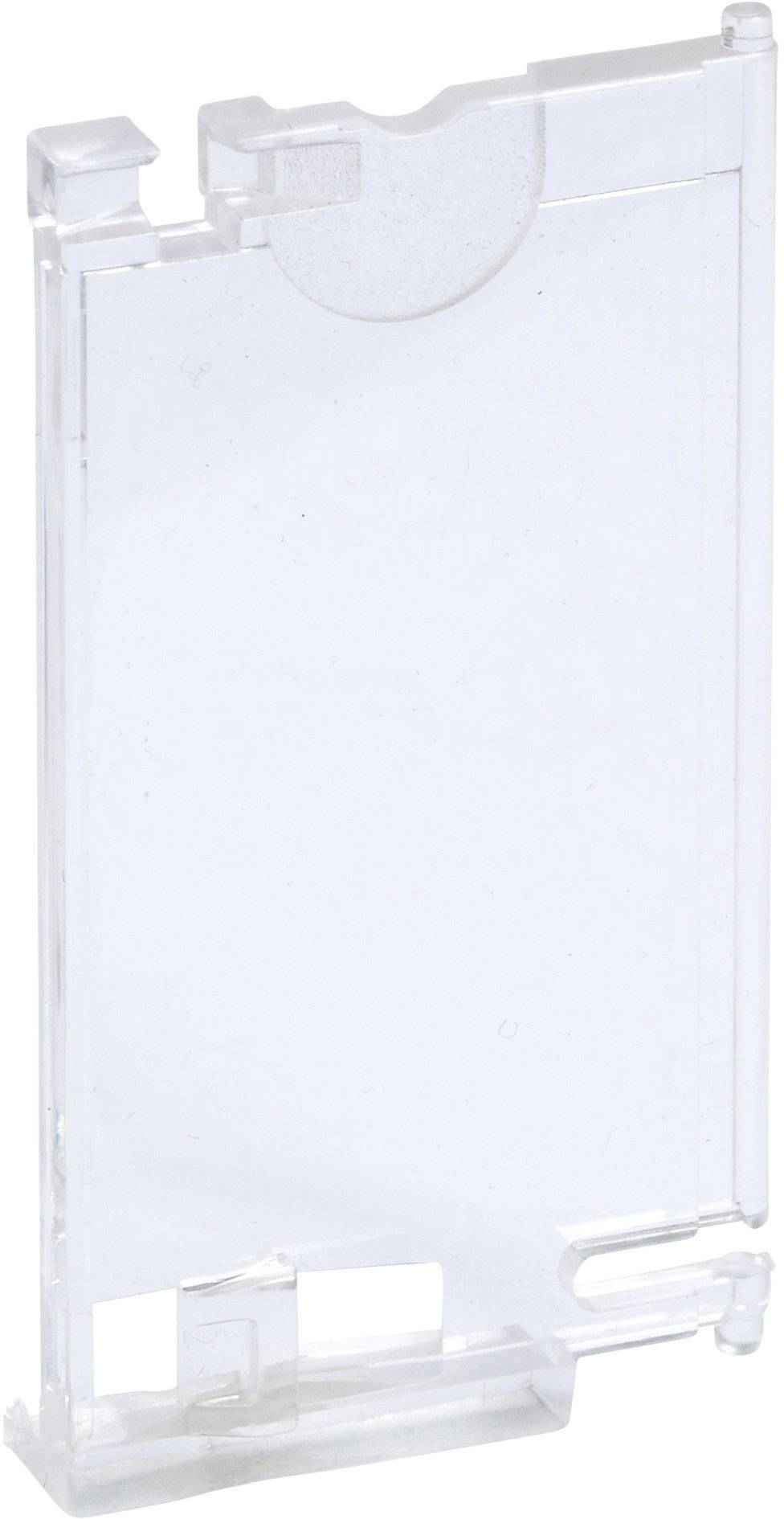 A transparent plastic cover; rectangular, with rounded edges and cut-outs at the bottom edge.