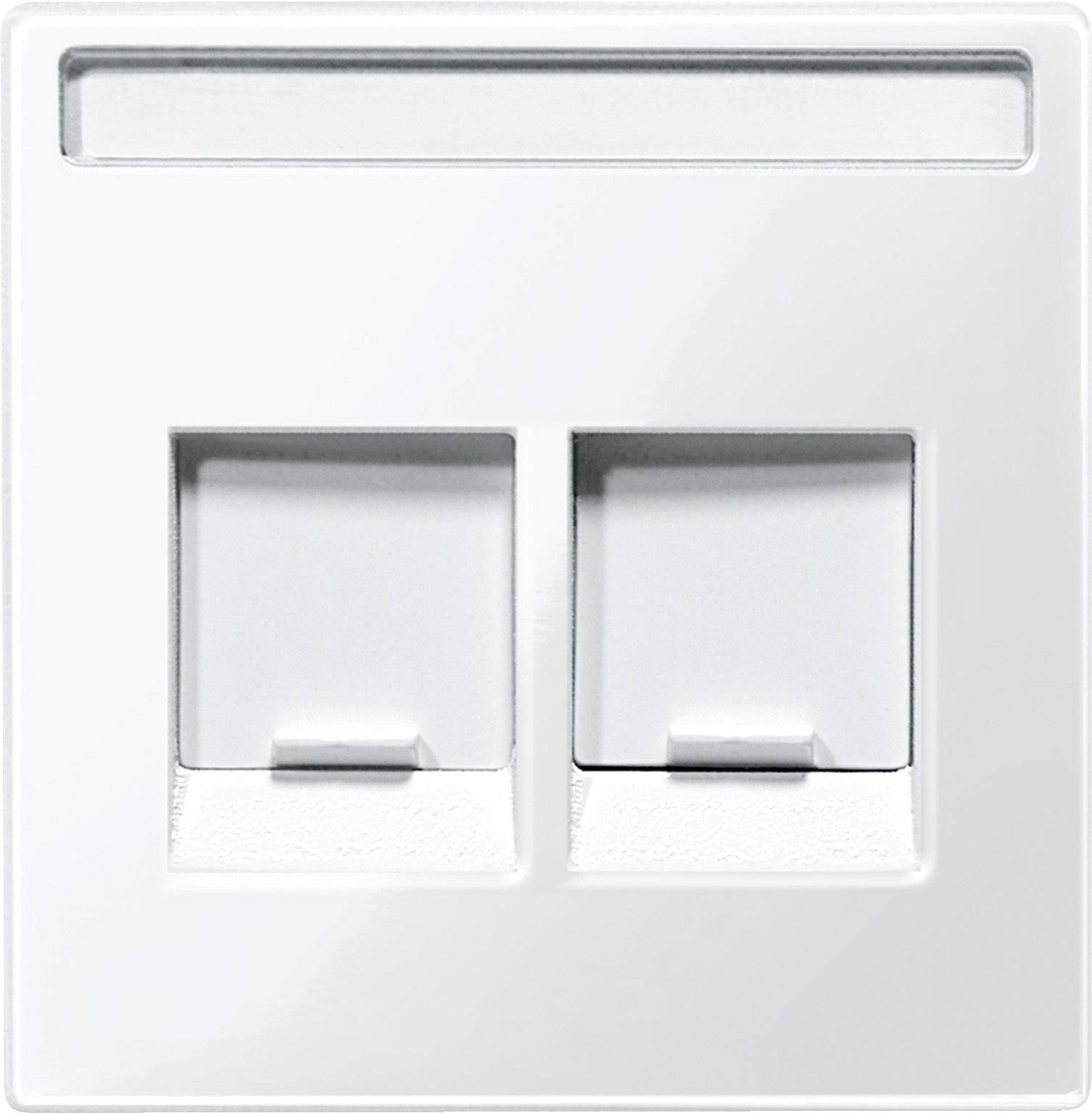 Double network socket in a white wall plate, typically used for connecting Ethernet cables for internet connections.