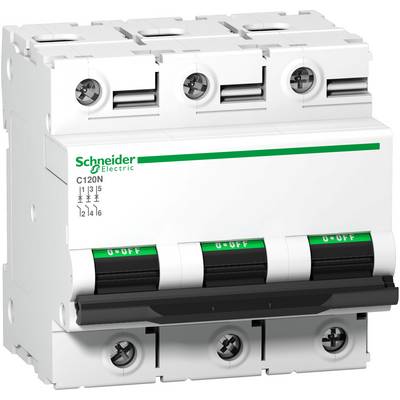 A three-pole performance protection circuit breaker from Schneider Electric, Model C120N, with green switches and technical specifications.