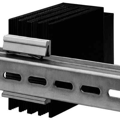 A black metal heatsink with vertical fins, mounted on a perforated metal rail or carrier.