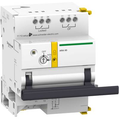 Automatic protective switch by Schneider Electric with lever and on/off switch; Model ARA IID, white with yellow details.