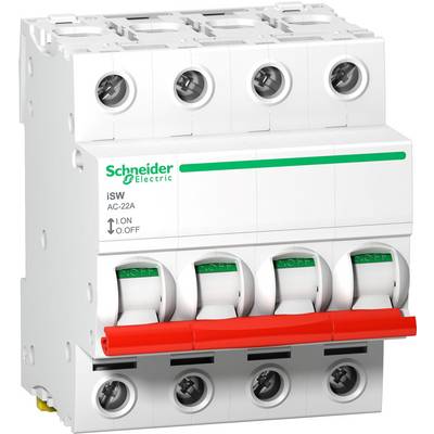 A white load switch from Schneider Electric with a red lever and inscription 'iSW AC-22A' for electrical distribution systems.