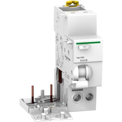 A white, vertical protection switch by Schneider Electric, model Vigi iC60, with a toggle switch and a green stripe in the top right corner.