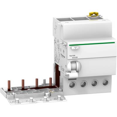 An electrical protective switch with a toggle switch and four terminals. White cover with a green stripe and yellow lever on top.