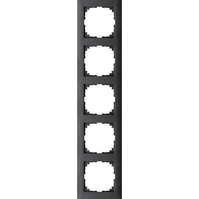 Black multiple frame cover with five empty square recesses for switches or sockets, arranged vertically.