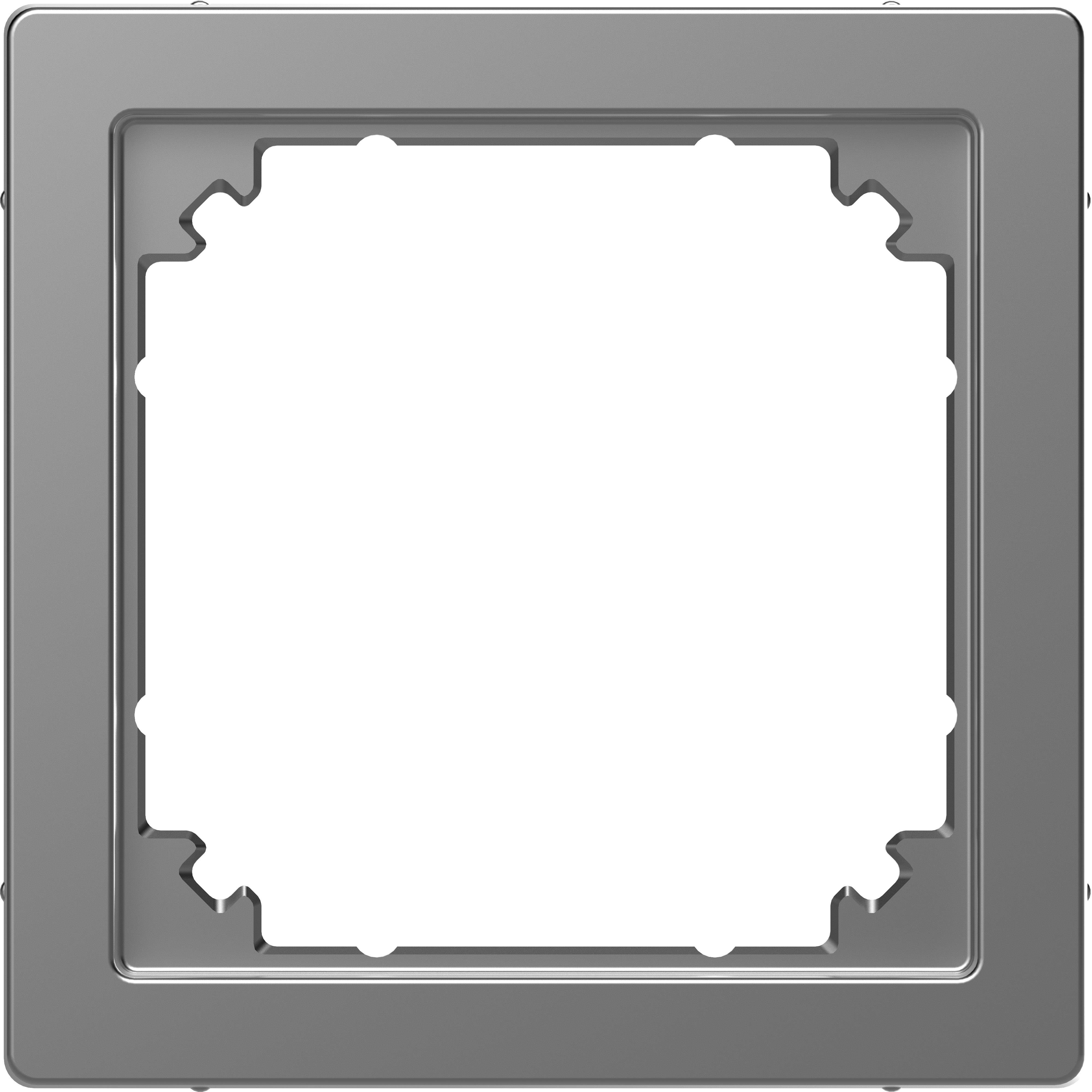 Silver square metal frame with an empty white interior area. Suitable for installing a switch or socket.