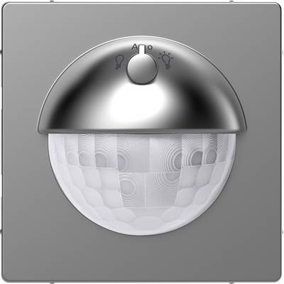 A silver motion sensor with an LED and automatic mode symbol on a grey background.