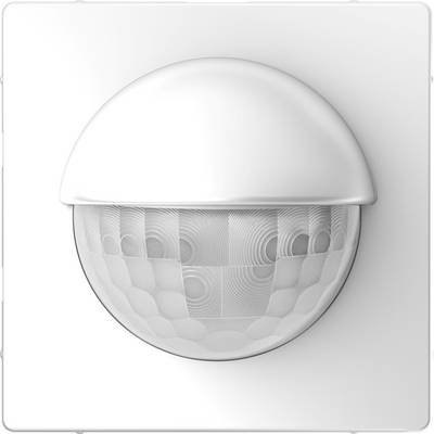 A white motion sensor with a hemispherical sensor featuring a textured surface, mounted on a wall.